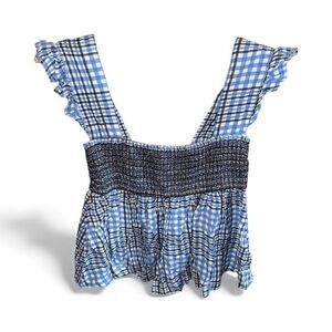 Urban Outfitters Blue and Black Gingham Plaid Flutter Sleeve Retro Blouse Shirt